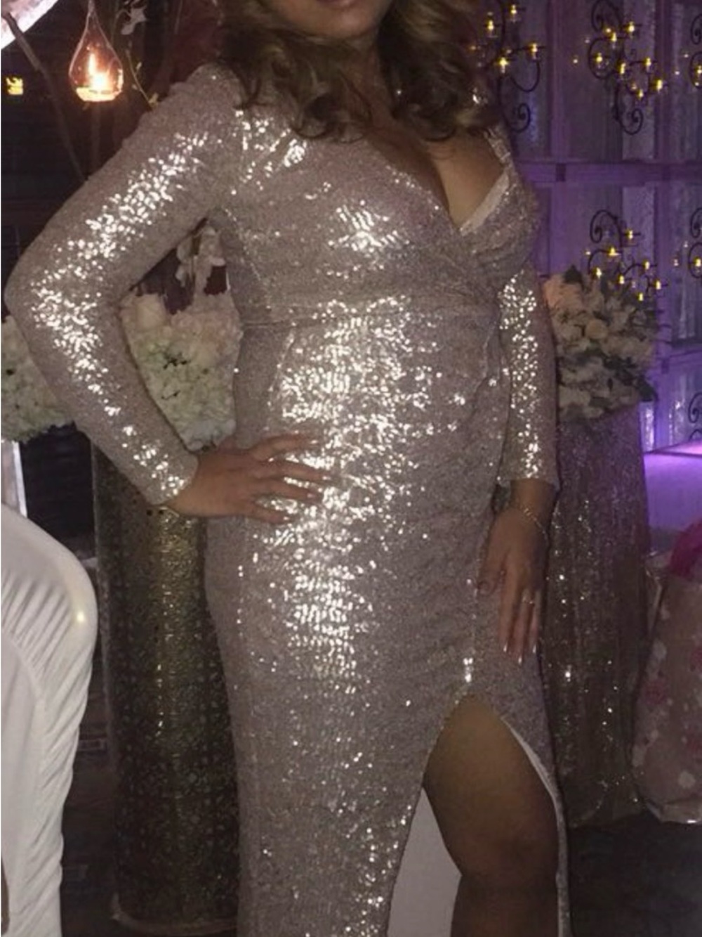 REVOLVE Champagne Sequin Wrap Long Sleeve Maxi Dress